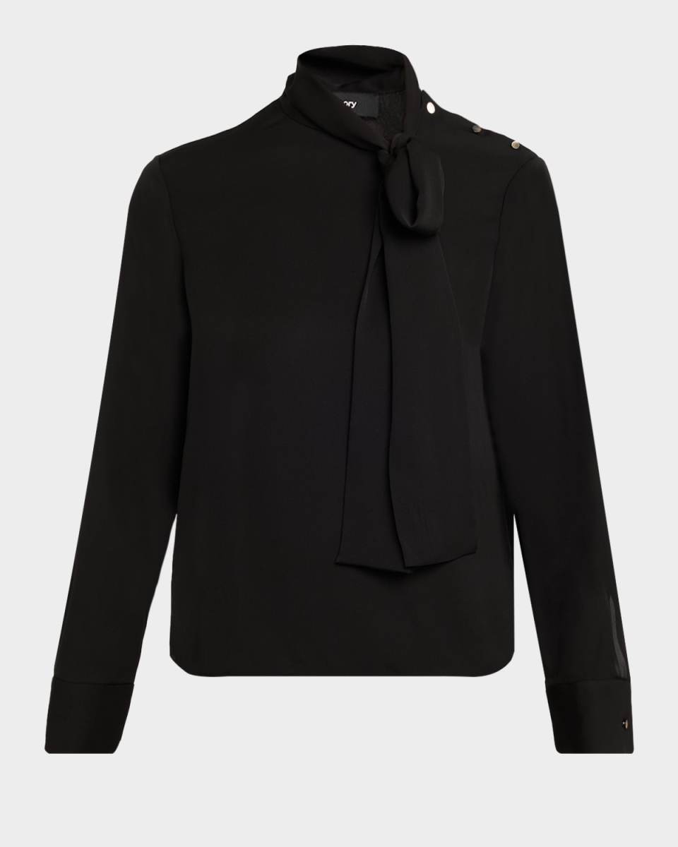 Long-Sleeve Silk Tie-Neck Blous